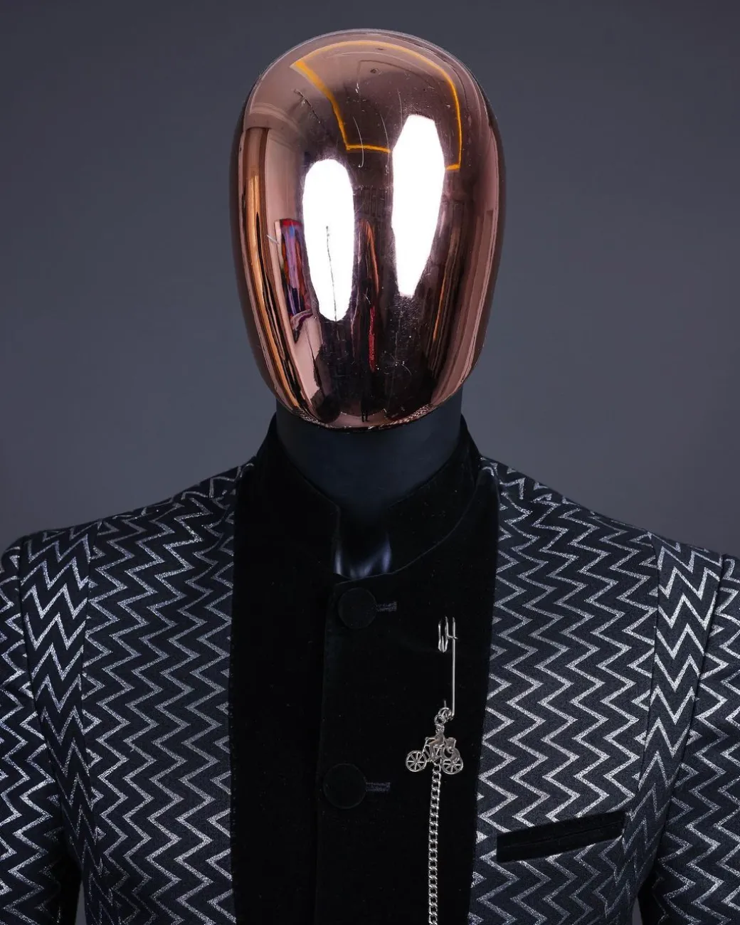 A “Zig Zag” Charcoal Black and Silver, Layered Inverted Pattern Safari Suit