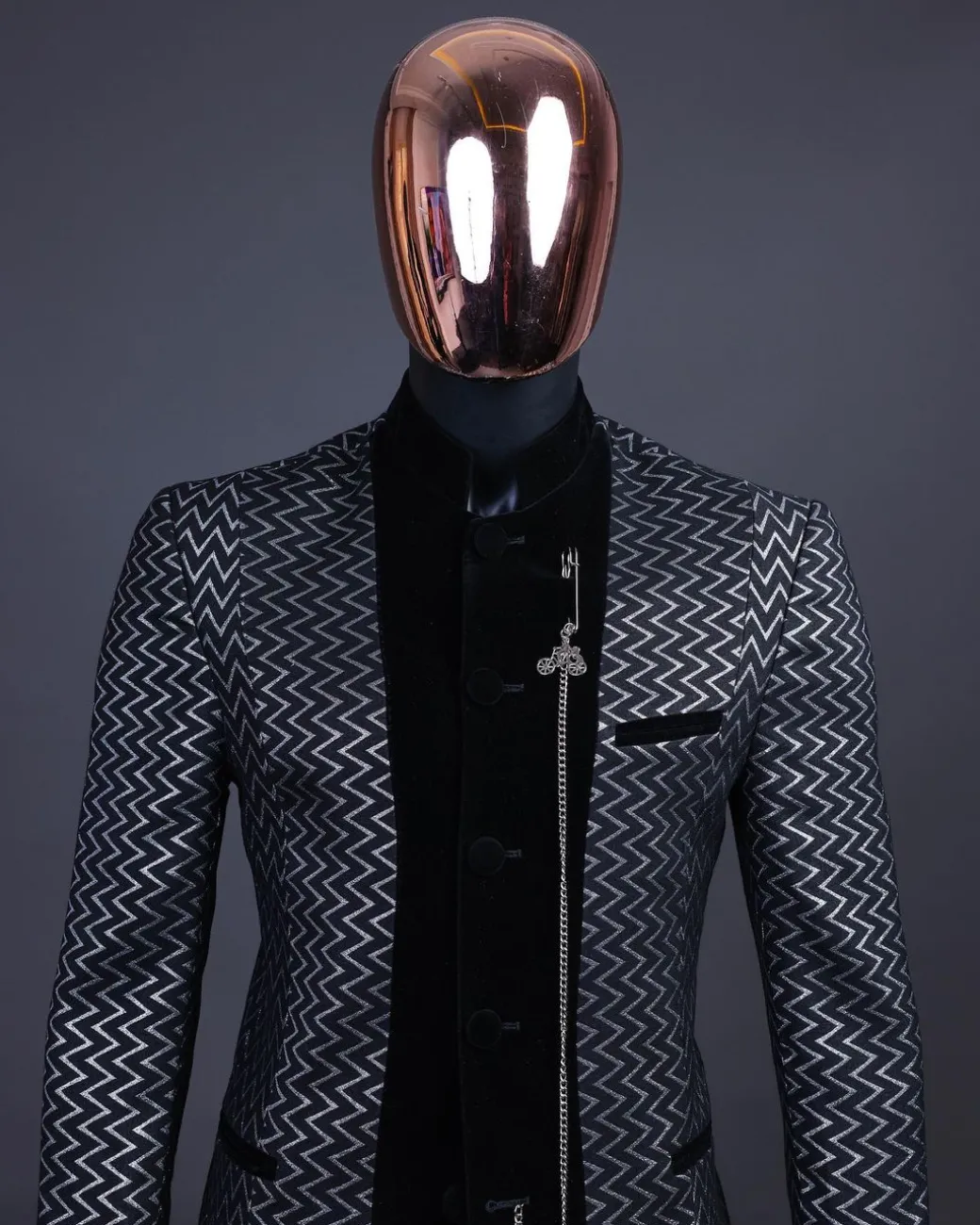 A “Zig Zag” Charcoal Black and Silver, Layered Inverted Pattern Safari Suit