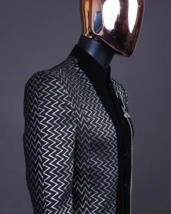 A “Zig Zag” Charcoal Black and Silver, Layered Inverted Pattern Safari Suit