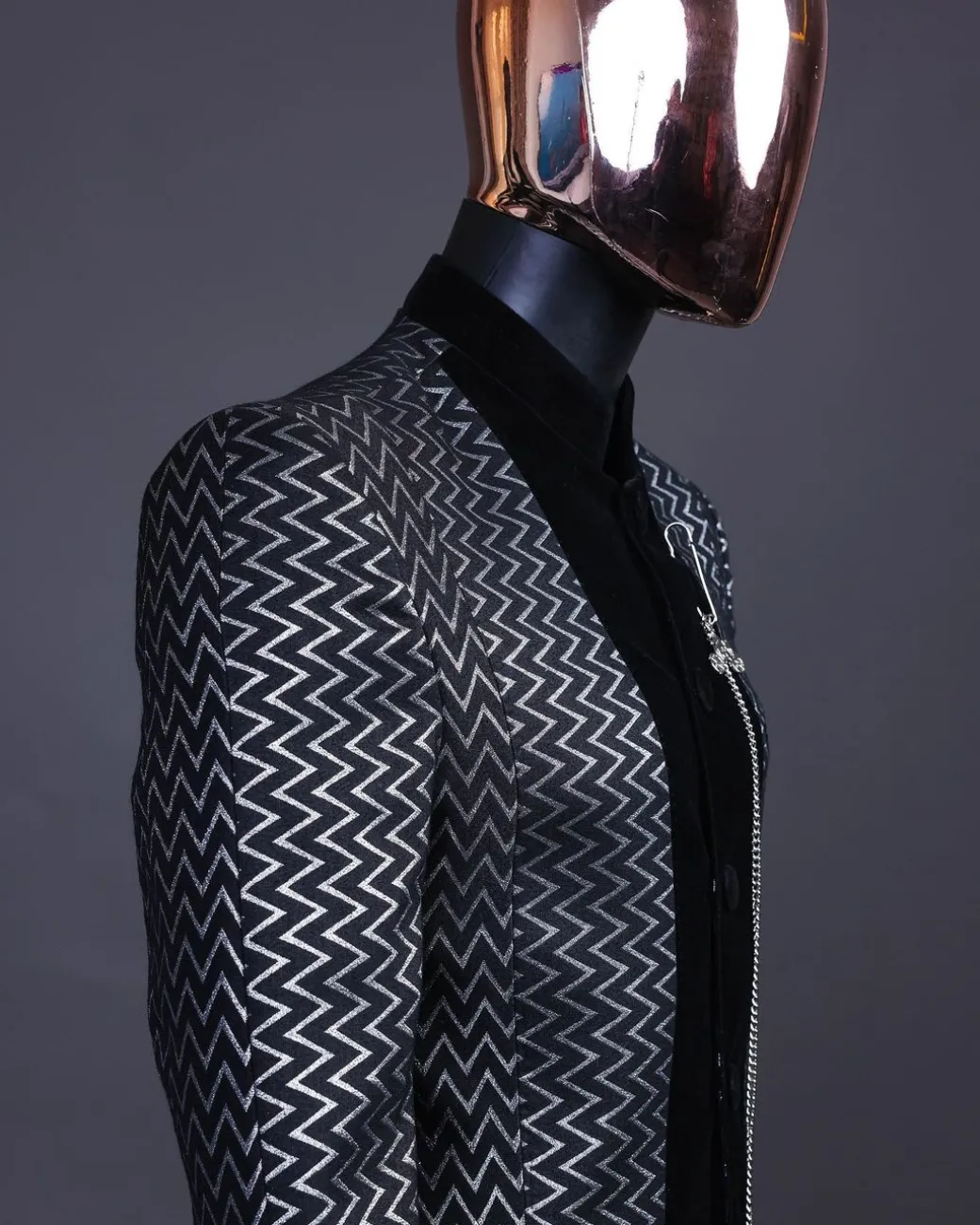 A “Zig Zag” Charcoal Black and Silver, Layered Inverted Pattern Safari Suit