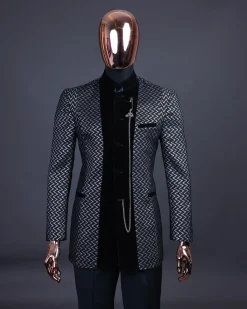 A “Zig Zag” Charcoal Black and Silver, Layered Inverted Pattern Safari Suit