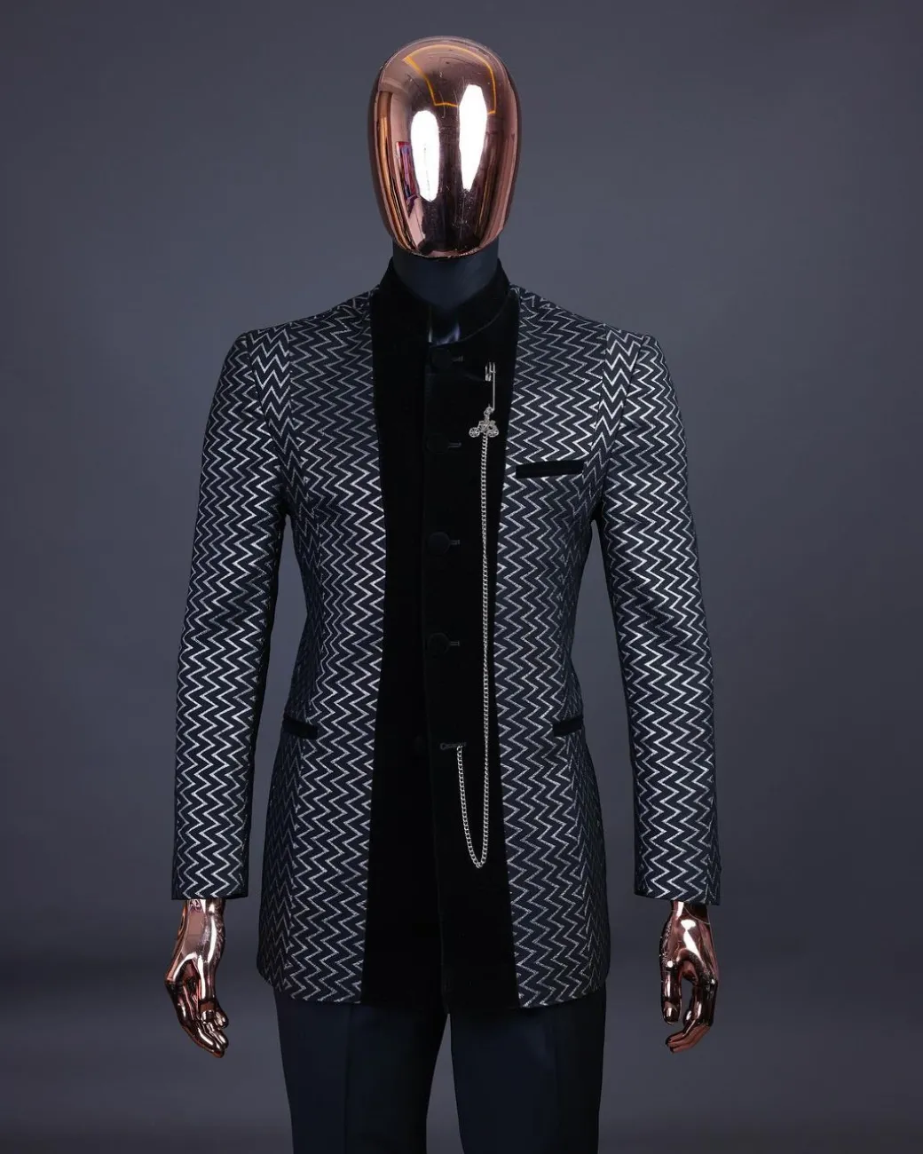 A “Zig Zag” Charcoal Black and Silver, Layered Inverted Pattern Safari Suit