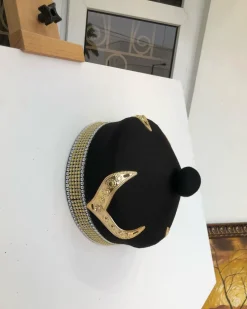 African IBO Black Royal Traditional Hat With Gold Swarovsky Adornment