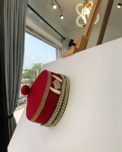 African IBO Red Royal Traditional Hat With Gold and Horn Adornment