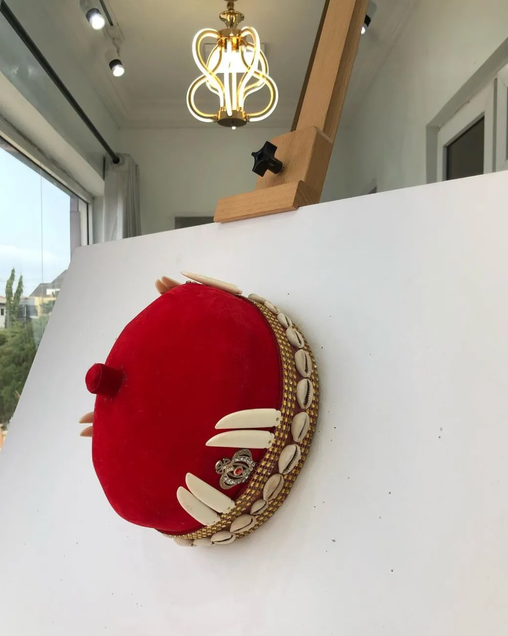 African IBO Red Royal Traditional Hat With Gold And Horn Adornment