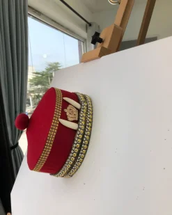 African IBO Red Royal Traditional Hat With Gold and Horn Adornment