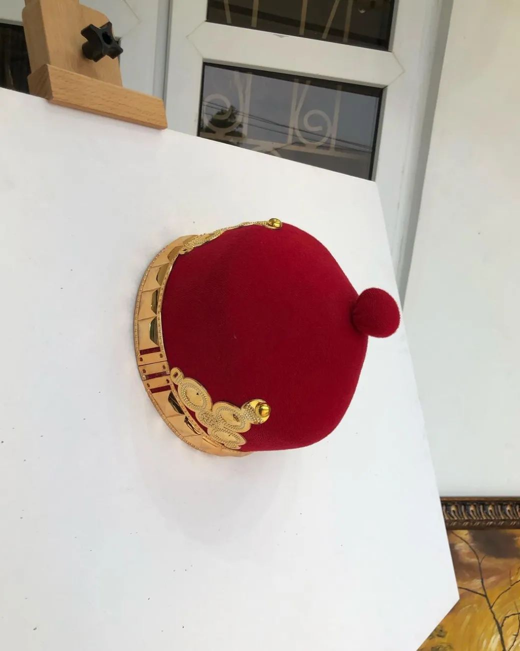 African IBO Red Royal Traditional Hat With Gold Adornment