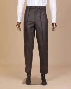 A #Herd” brown leather, knitted & outer layered peak lapel wrap suit