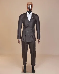 A #Herd” brown leather, knitted & outer layered peak lapel wrap suit