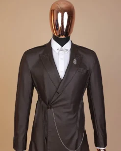 A #Herd” brown leather, knitted & outer layered peak lapel wrap suit