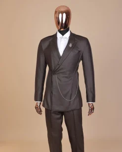 A #Herd” brown leather, knitted & outer layered peak lapel wrap suit