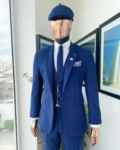 An Admiral and Skye blue pinstripe “peaky blinders” Jorgecarli Super 140’s “Board Room” notch lapel suit
