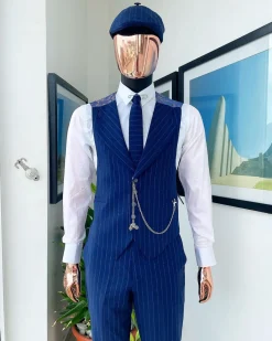An Admiral and Skye blue pinstripe “peaky blinders” Jorgecarli Super 140’s “Board Room” notch lapel suit