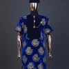 An admiral blue & gold isiagu, mixed with matching soaked velvet, short sleeve kaftan native, Swarovski stone hat & velvet pant Trosuer