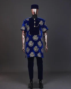 An admiral blue & gold isiagu, mixed with matching soaked velvet, short sleeve kaftan native, Swarovski stone hat & velvet pant Trosuer