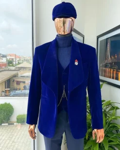 An admiral blue “peaky blinders” soaked Italian velvet shawl lapel suit