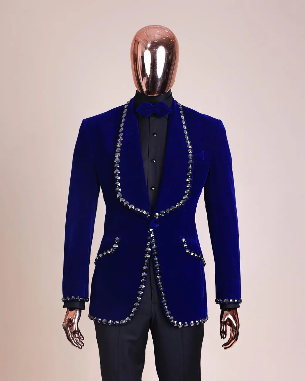 An Admiral Blue velvet shawl lapel tuxedo suit, laced with jet hematite Swarovski stones