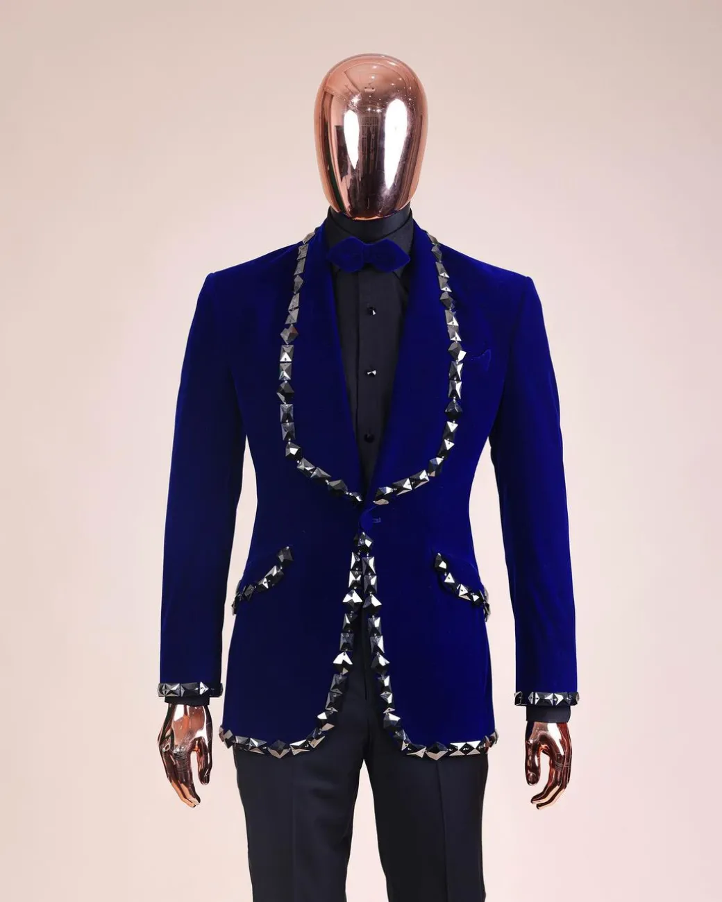 An Admiral Blue velvet shawl lapel tuxedo suit, laced with jet hematite Swarovski stones