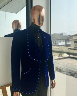 An Admiral Blue velvet shawl lapel tuxedo suit, laced with navy blue and silver ss20 Swarovski stones