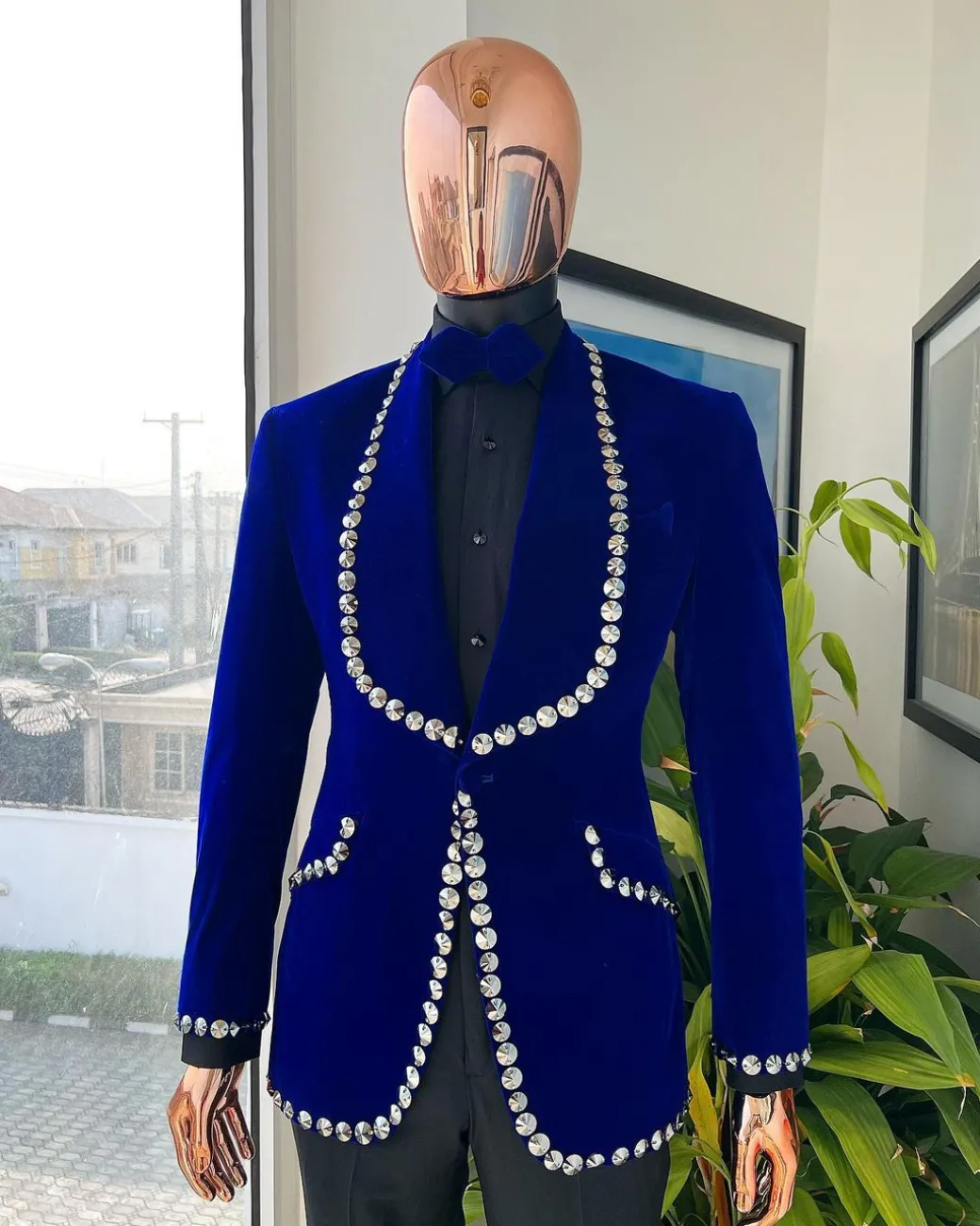 An Admiral Blue velvet shawl lapel tuxedo suit, laced with jet hematite Swarovski stones