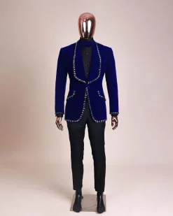 An Admiral Blue velvet shawl lapel tuxedo suit, laced with jet hematite Swarovski stones