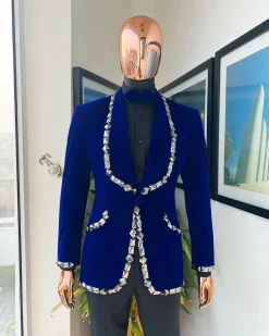 An Admiral Blue velvet shawl lapel tuxedo suit, laced with jet hematite Swarovski stones