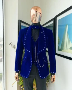 An Admiral Blue velvet shawl lapel tuxedo suit, laced with navy blue and silver ss20 Swarovski stones