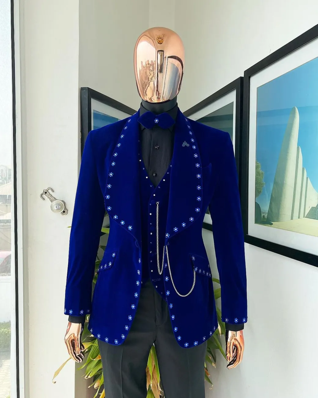 An Admiral Blue velvet shawl lapel tuxedo suit, laced with navy blue and silver ss20 Swarovski stones