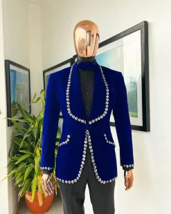 An Admiral Blue velvet shawl lapel tuxedo suit, laced with jet hematite Swarovski stones