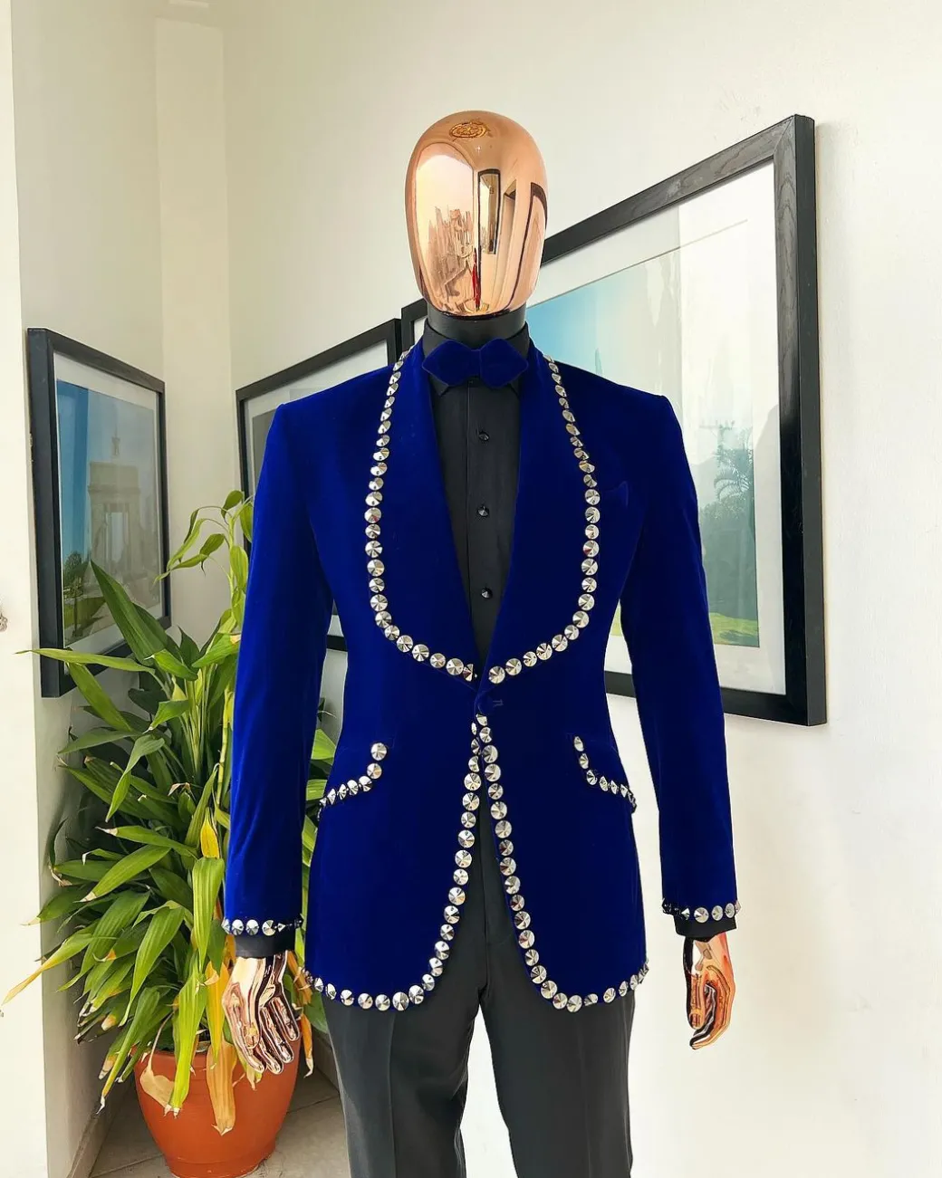 An Admiral Blue velvet shawl lapel tuxedo suit, laced with jet hematite Swarovski stones