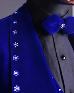 An Admiral Blue velvet shawl lapel tuxedo suit, laced with navy blue and silver ss20 Swarovski stones