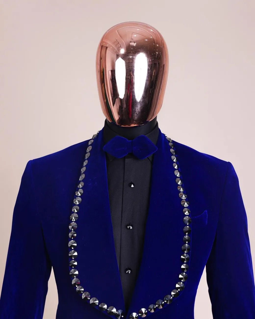 An Admiral Blue velvet shawl lapel tuxedo suit, laced with jet hematite Swarovski stones