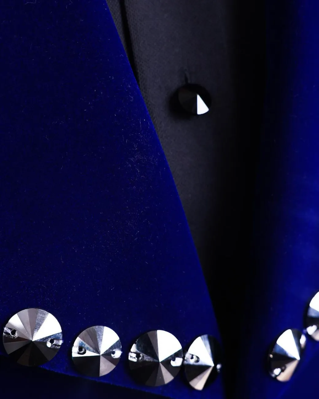 An Admiral Blue velvet shawl lapel tuxedo suit, laced with jet hematite Swarovski stones