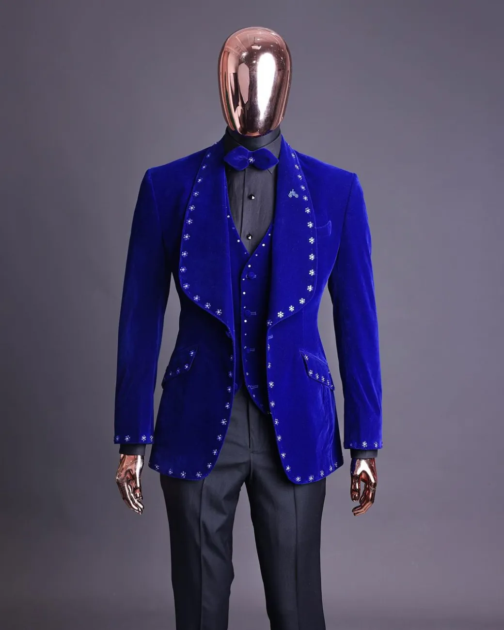 An Admiral Blue velvet shawl lapel tuxedo suit, laced with navy blue and silver ss20 Swarovski stones