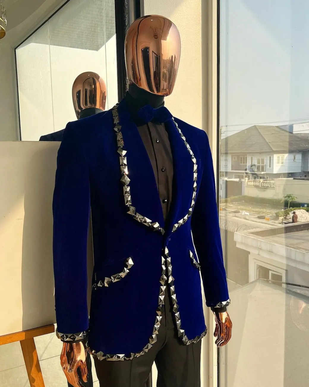 An Admiral Blue velvet shawl lapel tuxedo suit, laced with jet hematite Swarovski stones