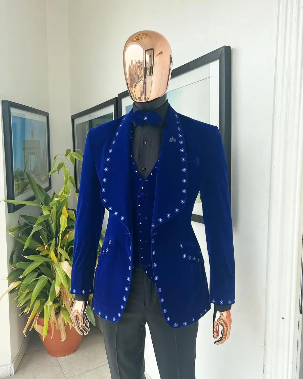 An Admiral Blue velvet shawl lapel tuxedo suit, laced with navy blue and silver ss20 Swarovski stones