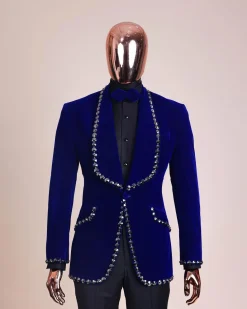 An Admiral Blue velvet shawl lapel tuxedo suit, laced with jet hematite Swarovski stones