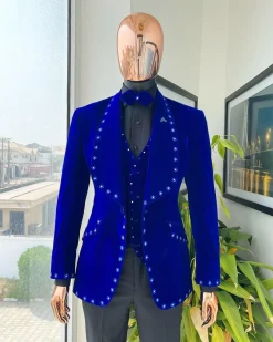 An Admiral Blue velvet shawl lapel tuxedo suit, laced with navy blue and silver ss20 Swarovski stones
