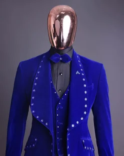 An Admiral Blue velvet shawl lapel tuxedo suit, laced with navy blue and silver ss20 Swarovski stones