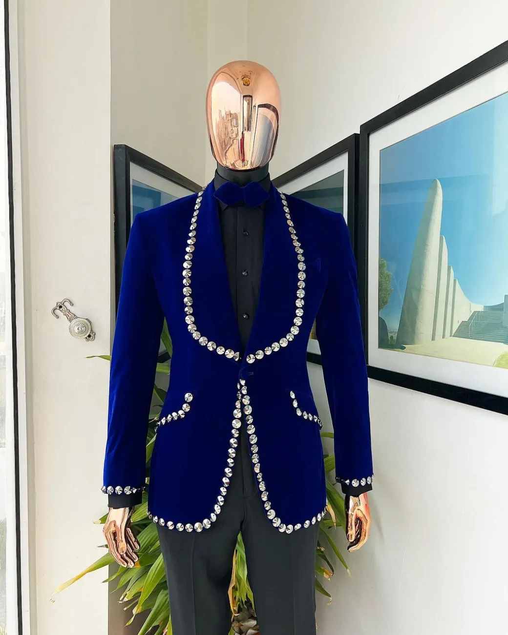 An Admiral Blue velvet shawl lapel tuxedo suit, laced with jet hematite Swarovski stones