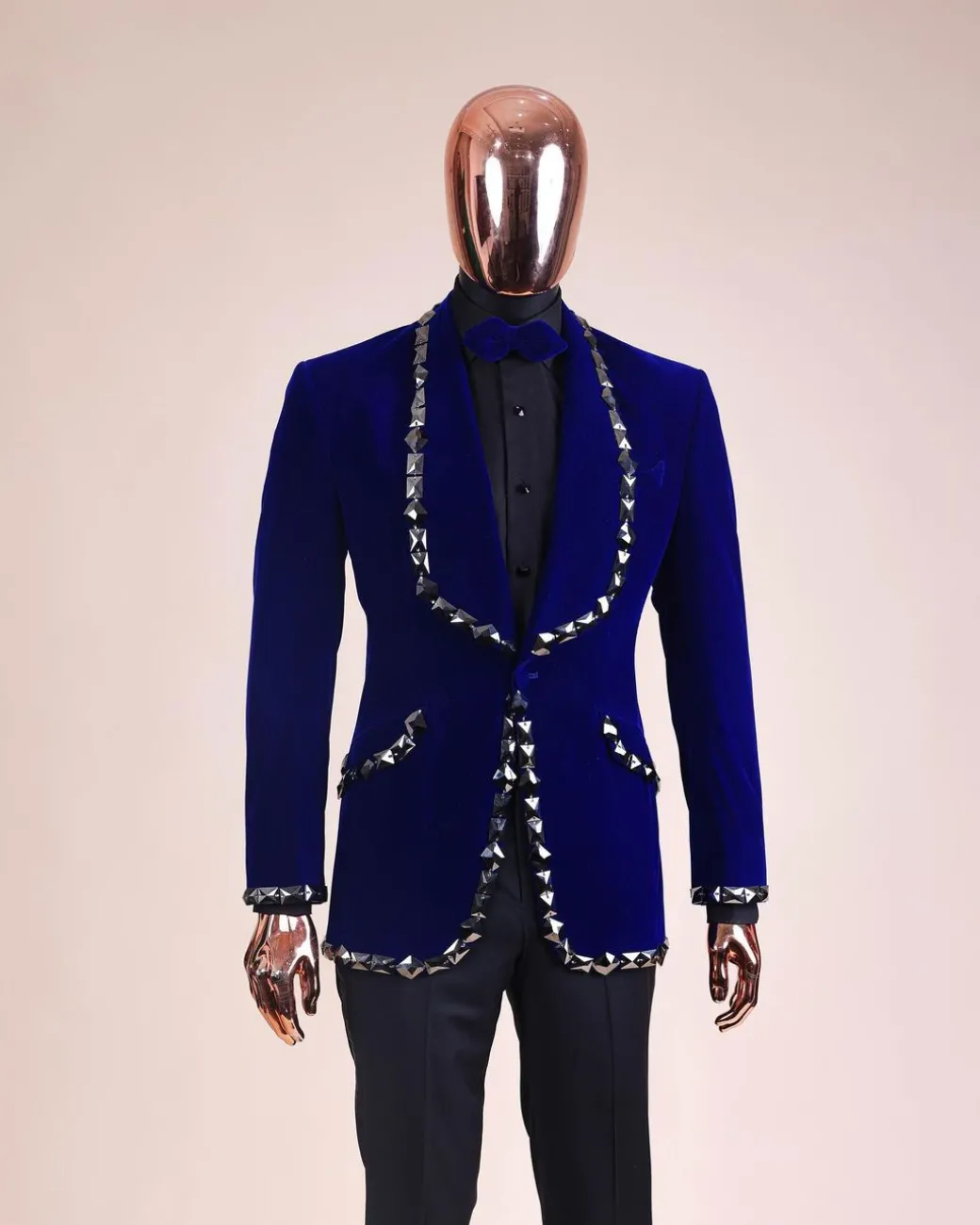 An Admiral Blue velvet shawl lapel tuxedo suit, laced with jet hematite Swarovski stones