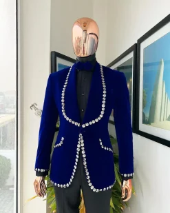 An Admiral Blue velvet shawl lapel tuxedo suit, laced with jet hematite Swarovski stones