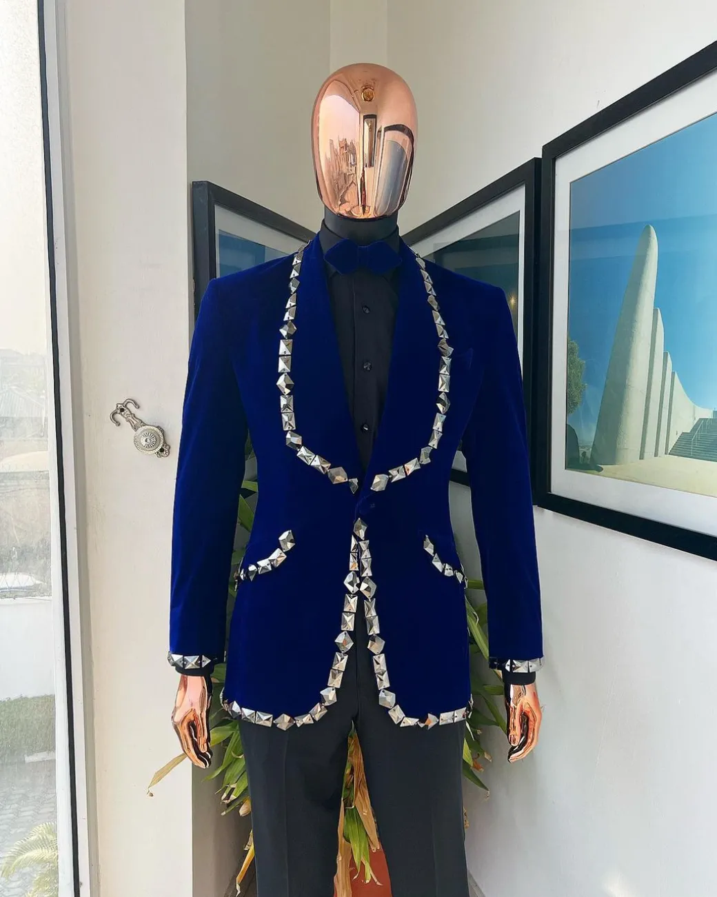 An Admiral Blue velvet shawl lapel tuxedo suit, laced with jet hematite Swarovski stones