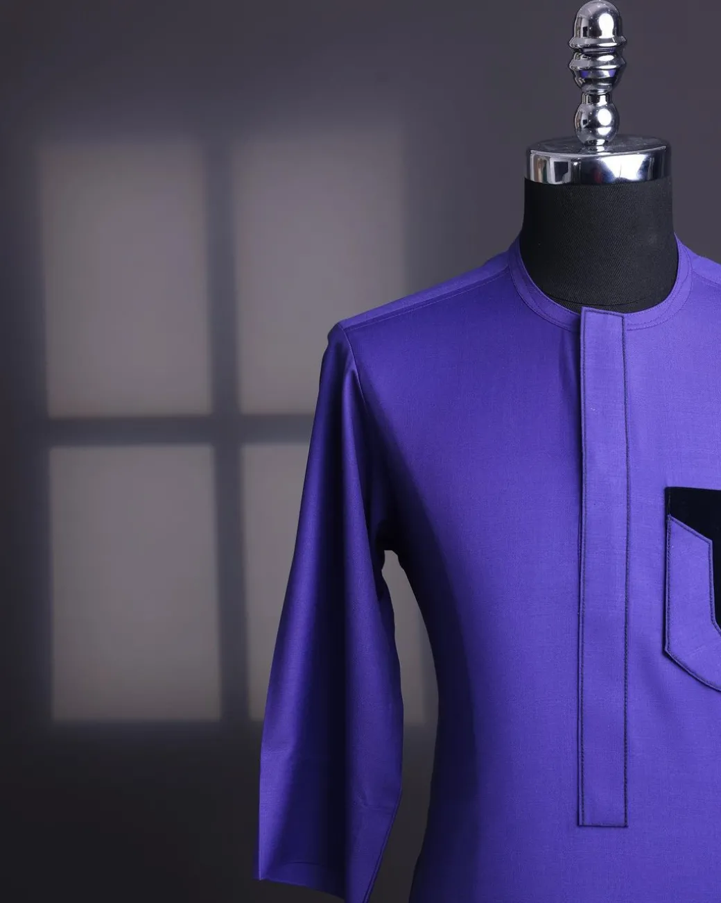 An Aesthetic purple, patterned pocket with velvet details, 3/4 sleeve African senator kaftan native.