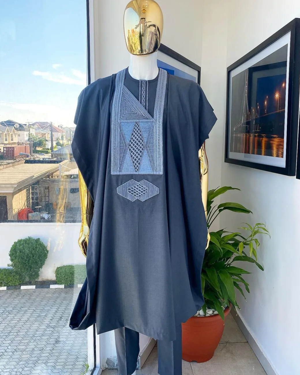 An Anchor Grey interconnected embroidery details agbada