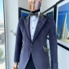 An anchor grey velvet, peak lapel with black silk taping, black and light grey jacquard collar tuxedo suit