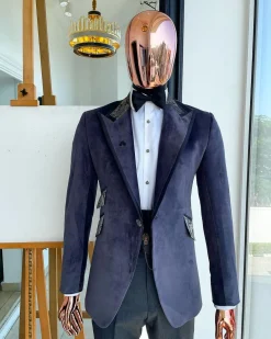 An anchor grey velvet, peak lapel with black silk taping tuxedo suit