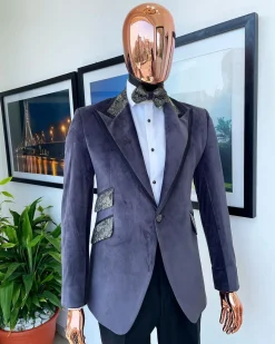 An anchor grey velvet, peak lapel with black silk taping, black and light grey jacquard collar tuxedo suit