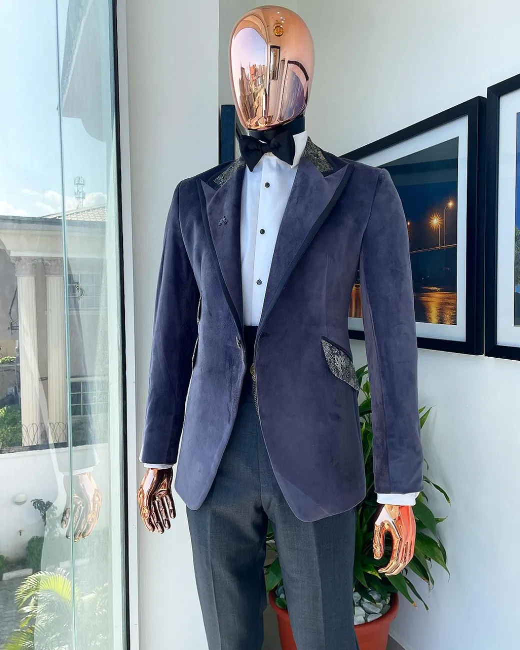An anchor grey velvet, peak lapel with black silk taping tuxedo suit