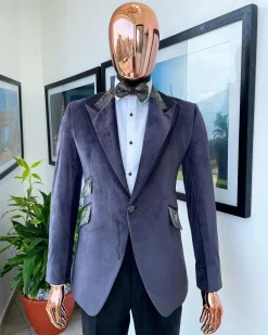 An anchor grey velvet, peak lapel with black silk taping, black and light grey jacquard collar tuxedo suit
